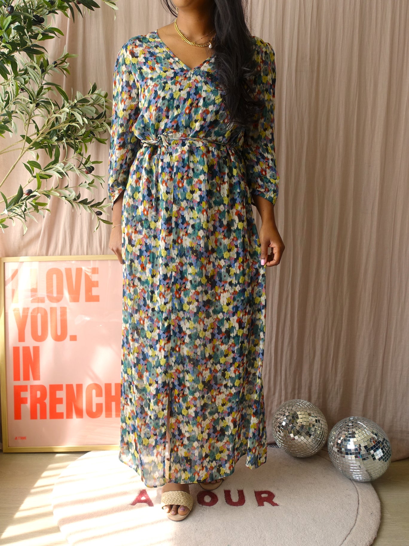 SET abstract print sheer maxi jurk