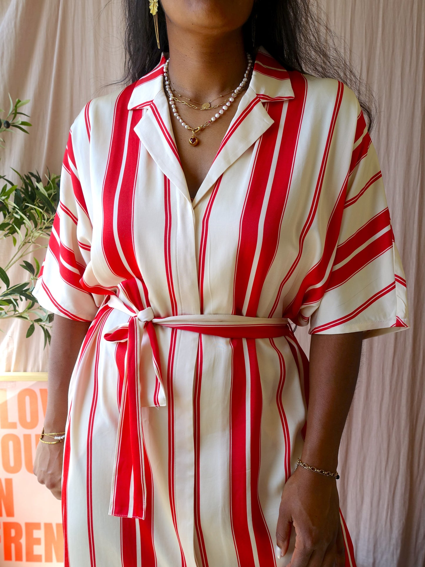Scotch & Soda satin striped jurk ecru / scarlet