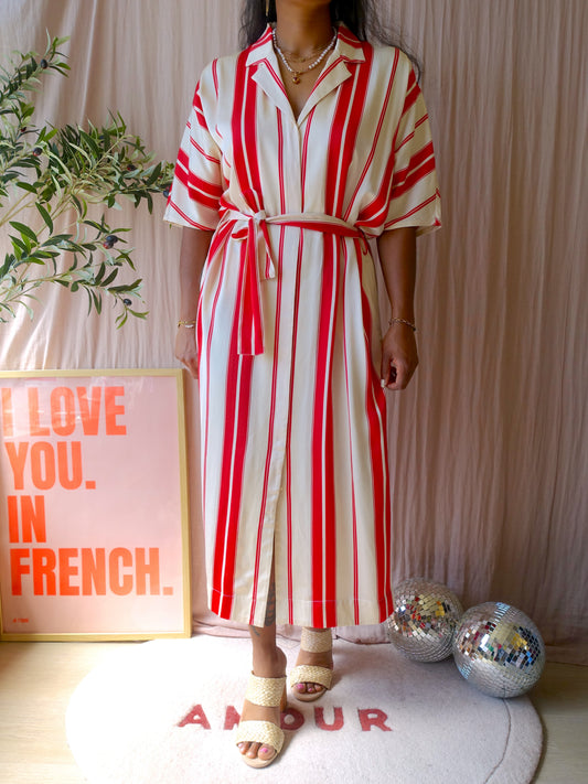 Scotch & Soda satin striped jurk ecru / scarlet