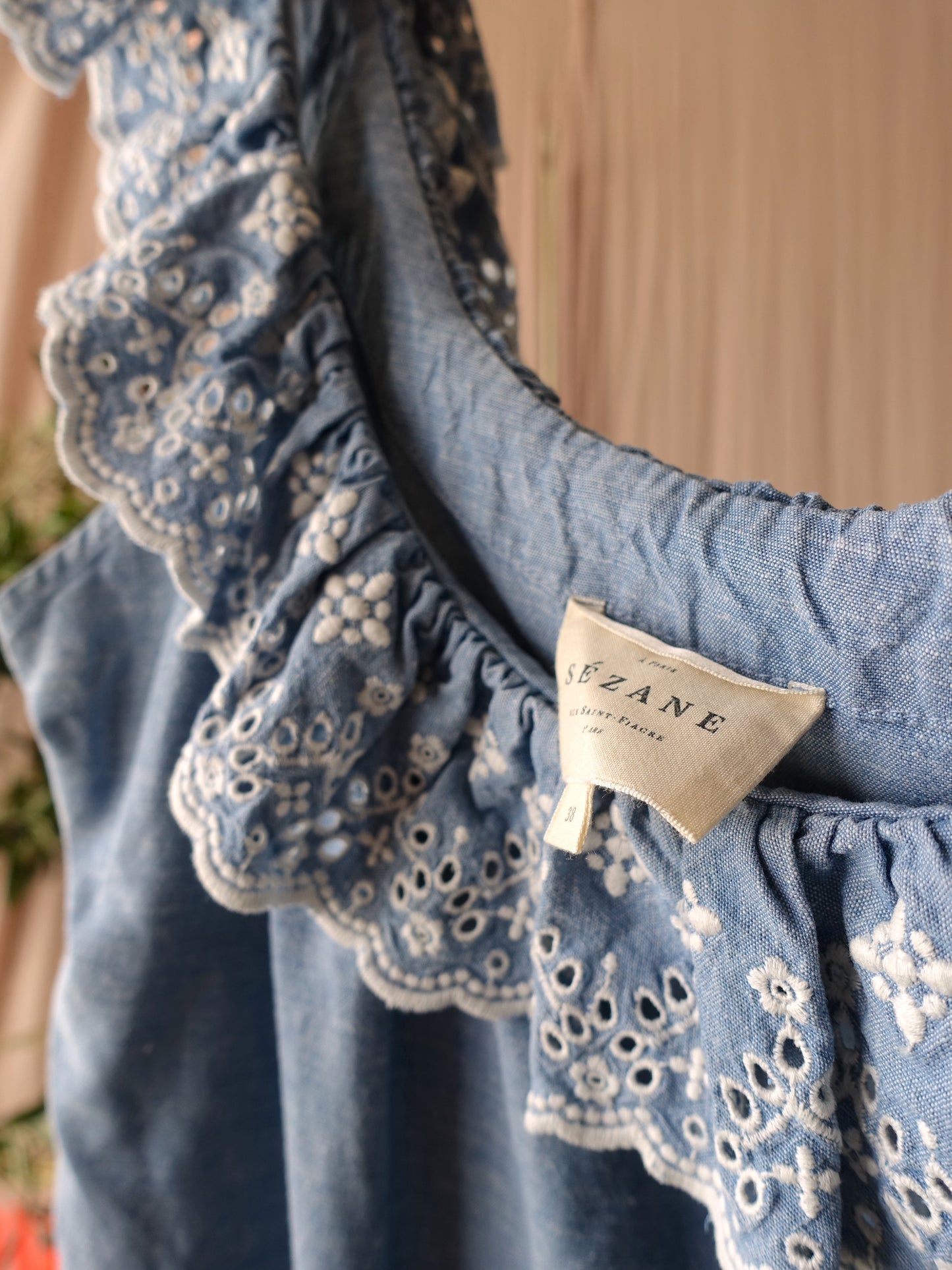 Sézane broderie linnenmix top denim blue