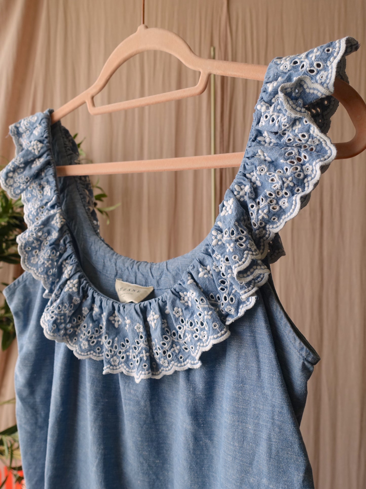 Sézane broderie linnenmix top denim blue