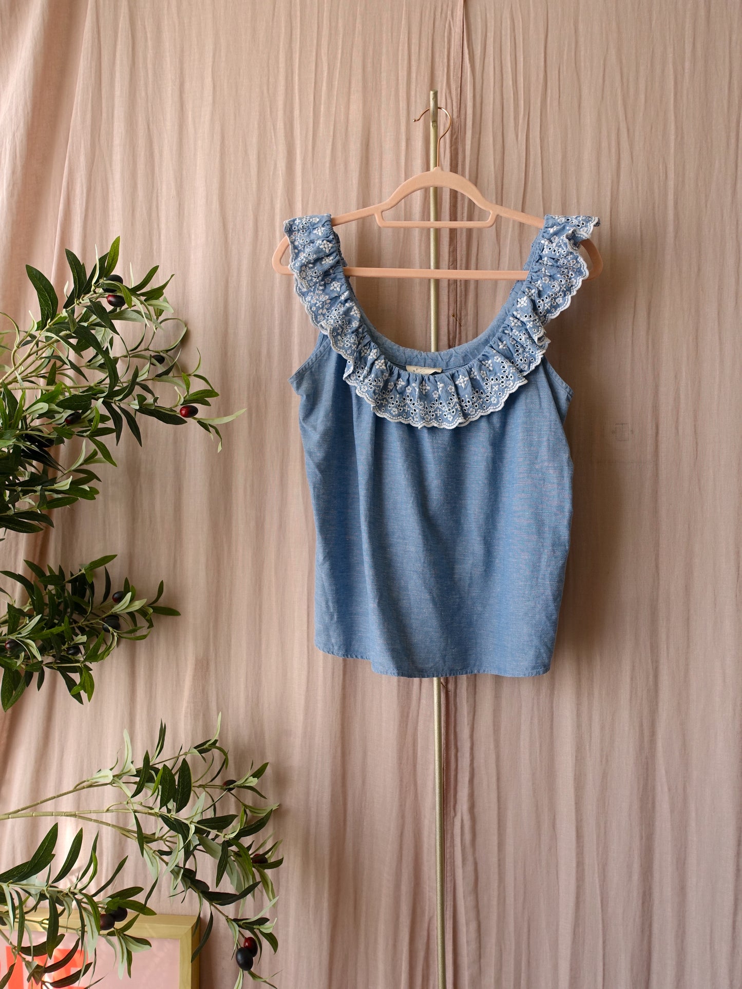 Sézane broderie linnenmix top denim blue