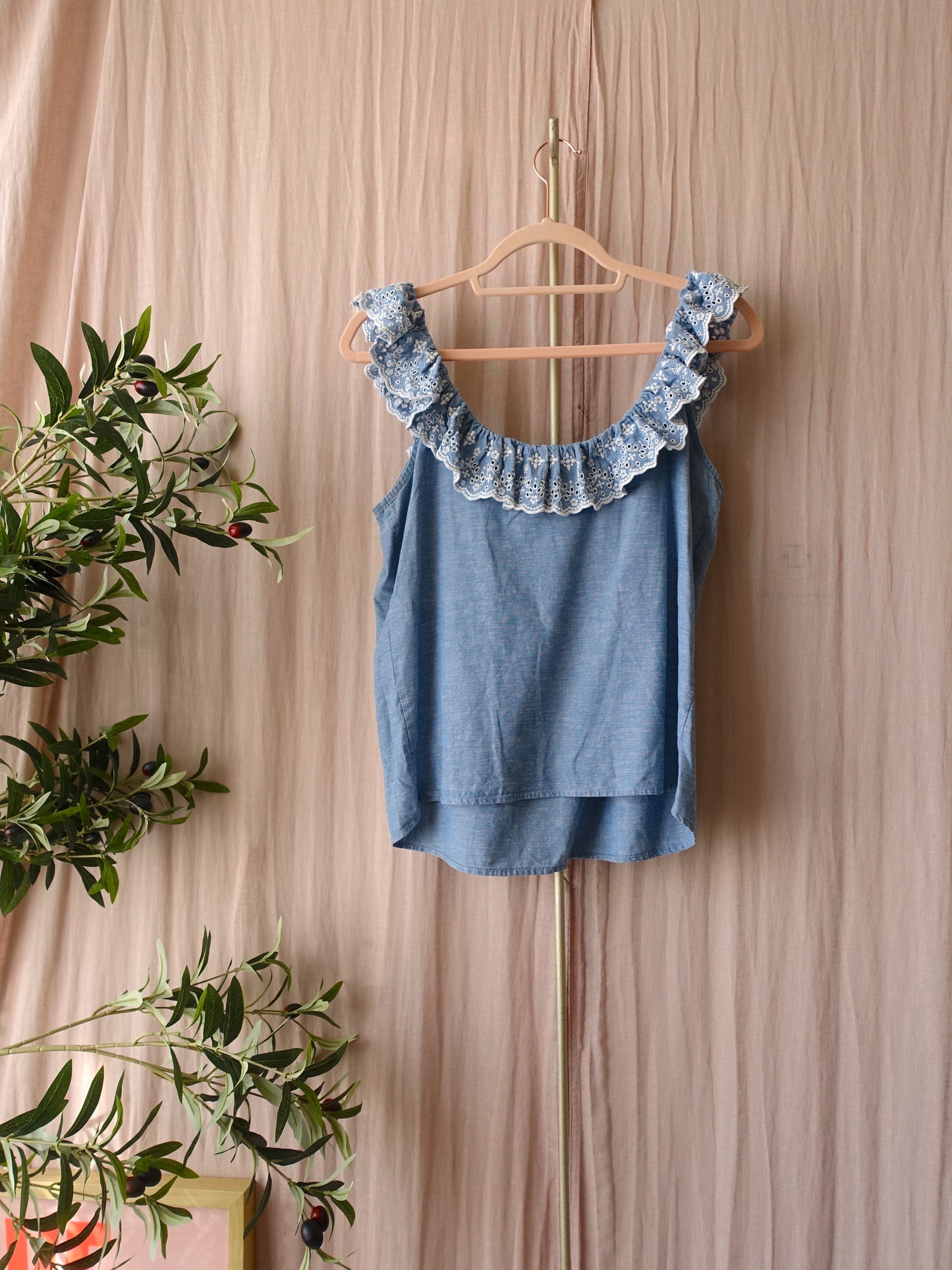 Sézane broderie linnenmix top denim blue