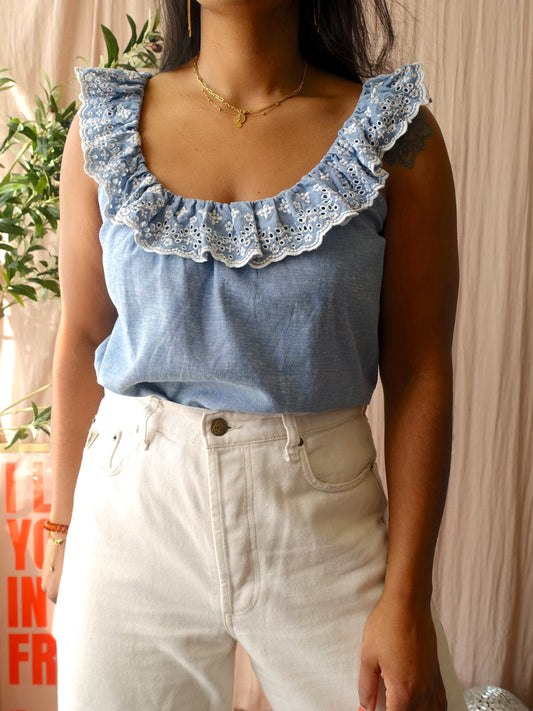 Sézane broderie linnenmix top denim blue