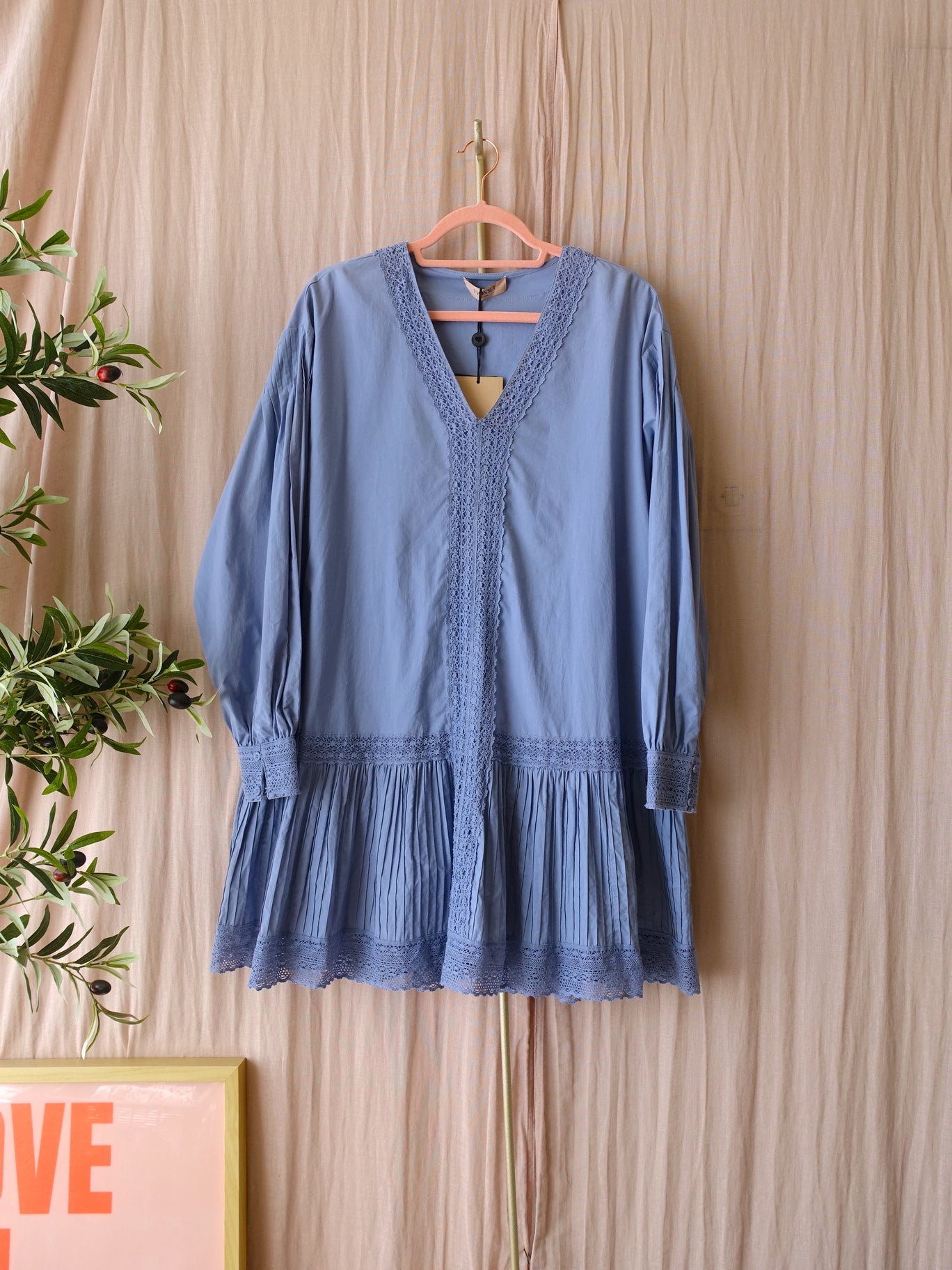 Twinset lace detail cotton jurk chambray blue