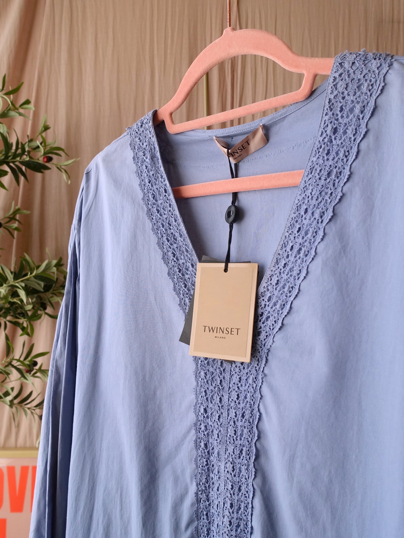 Twinset lace detail cotton jurk chambray blue