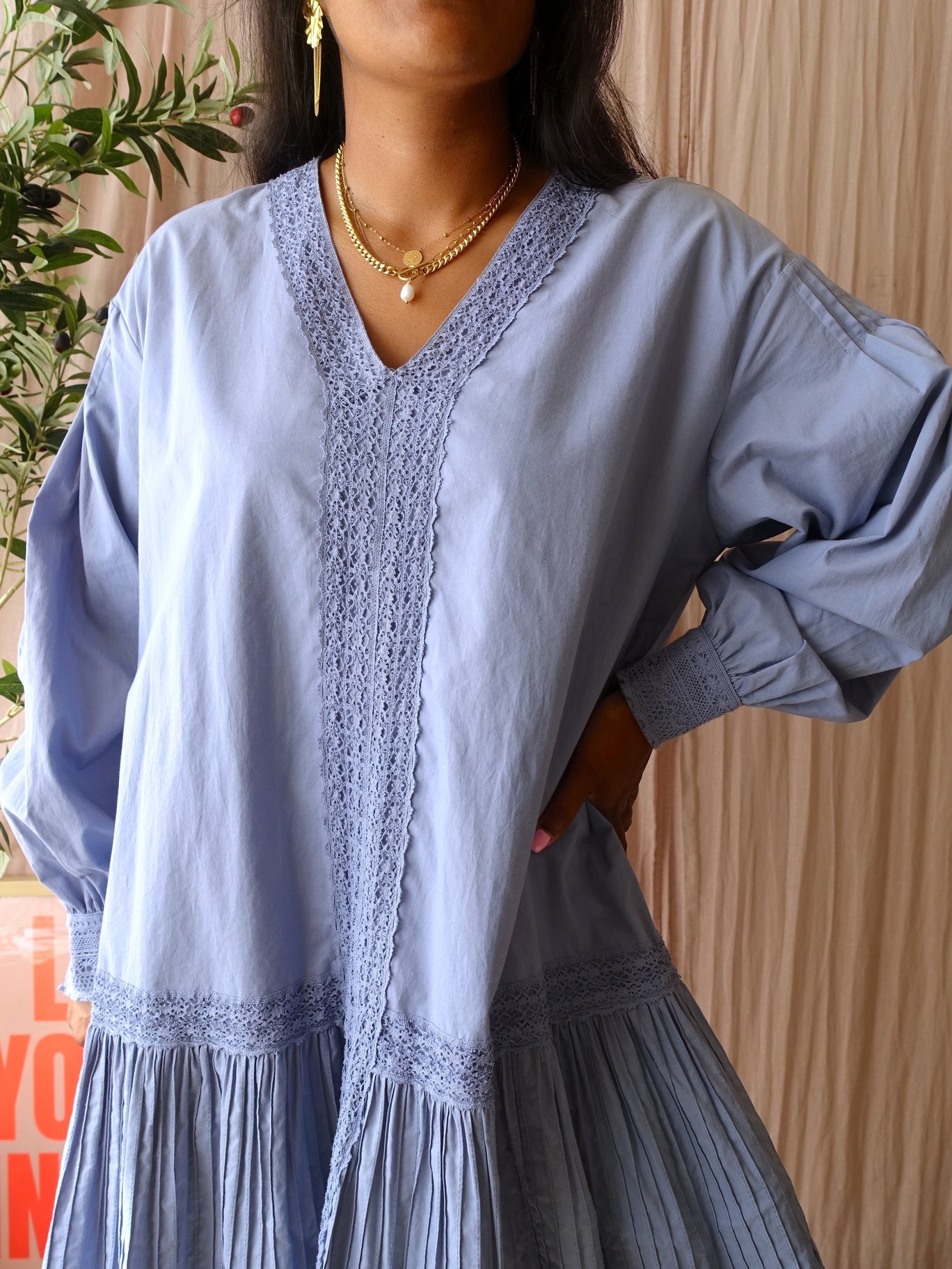 Twinset lace detail cotton jurk chambray blue