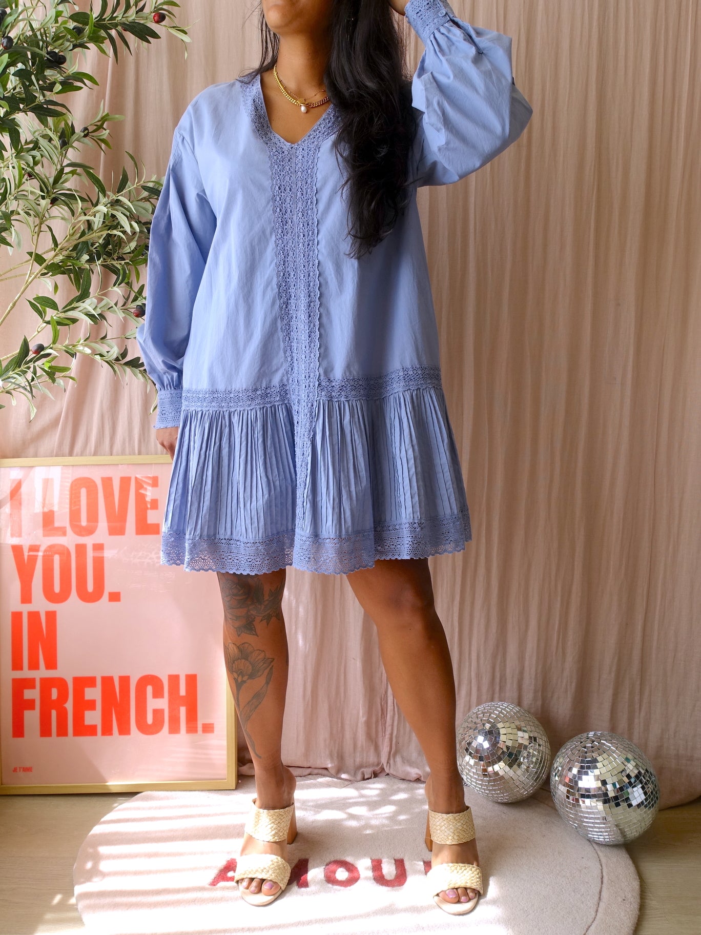 Twinset lace detail cotton jurk chambray blue