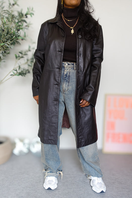 Vintage Italian premium leather coat dark chocolate brown