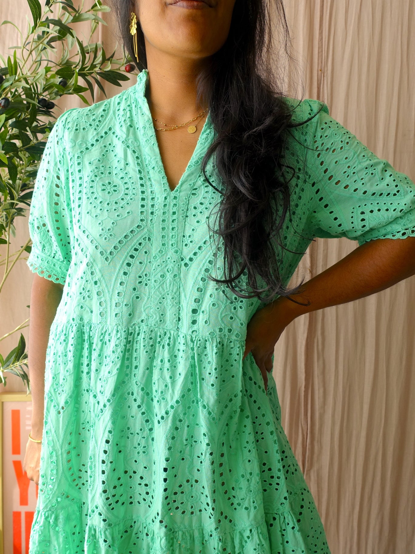 Y.A.S. Yasholi broderie anglaise jurk mint groen