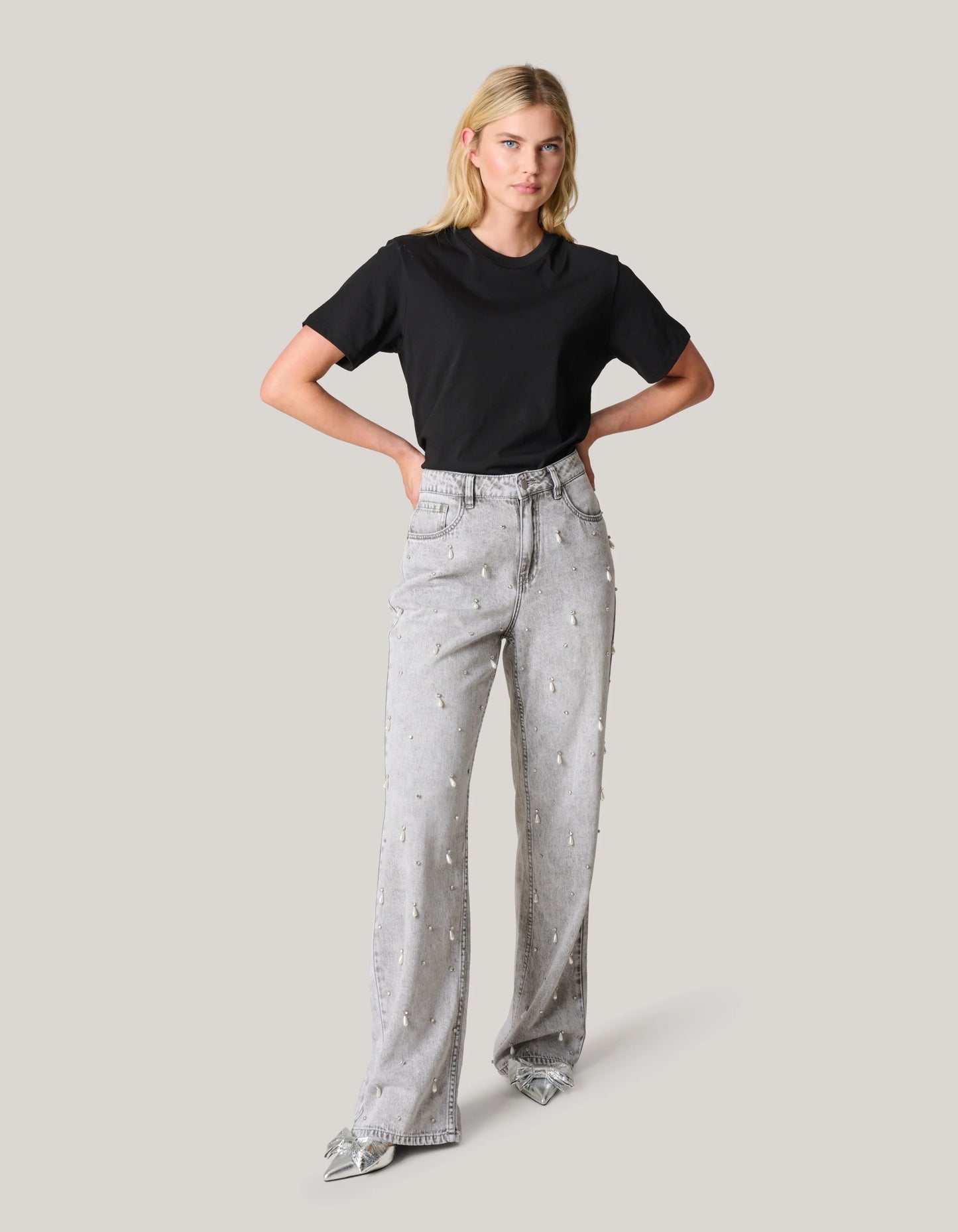 Shoeby embellished straight fit jeans silver grey