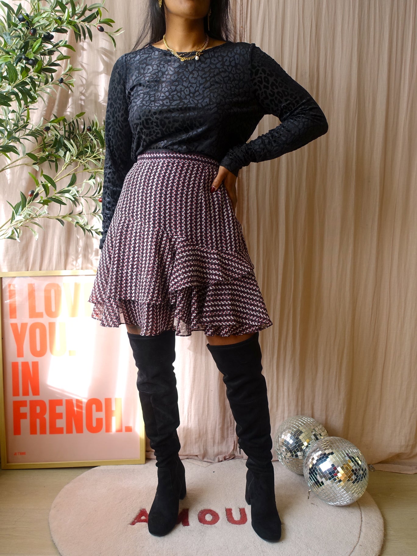 Reiss high waist graphic print ruffle skirt