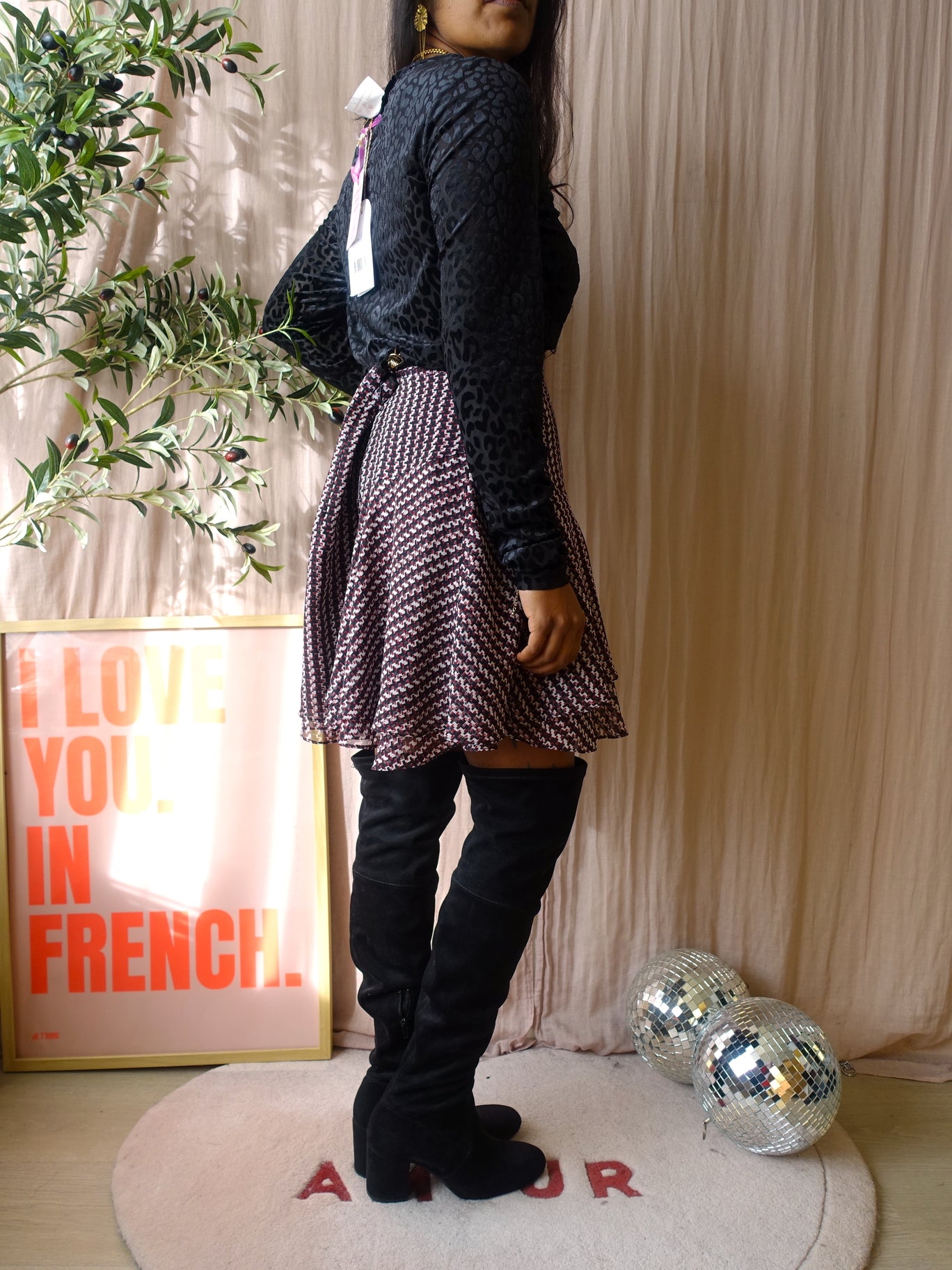 Reiss high waist graphic print ruffle skirt