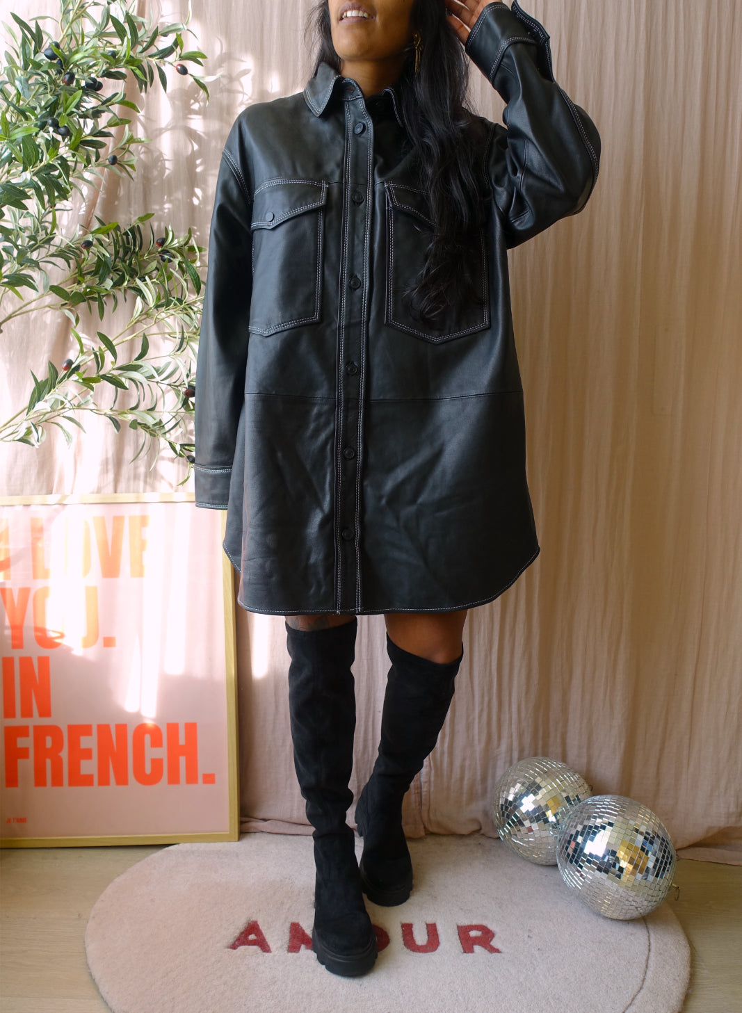 AllSaints the lily leather dress jet black