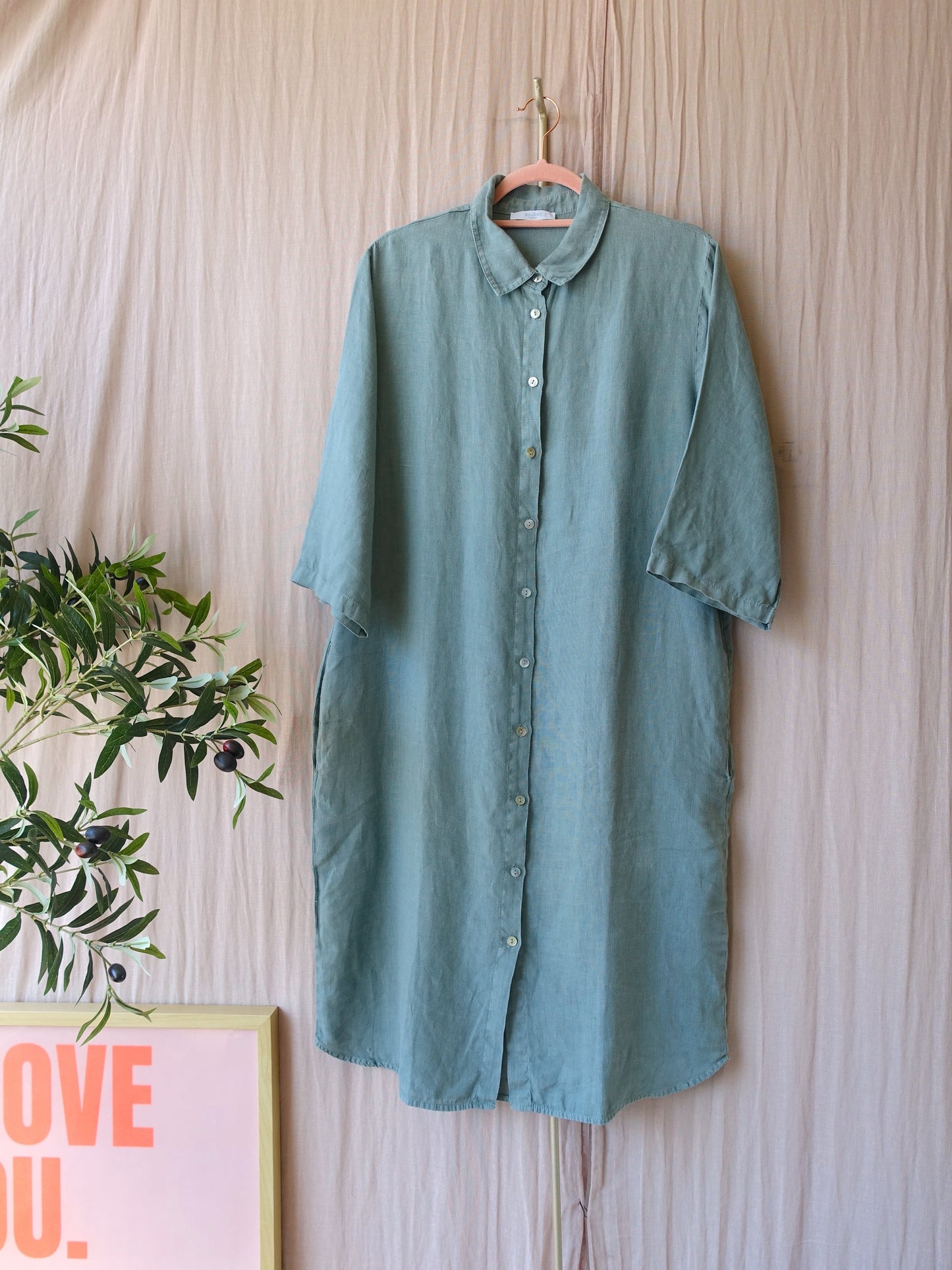 By-Bar 100% Linnen shirtdress dusty turquoise