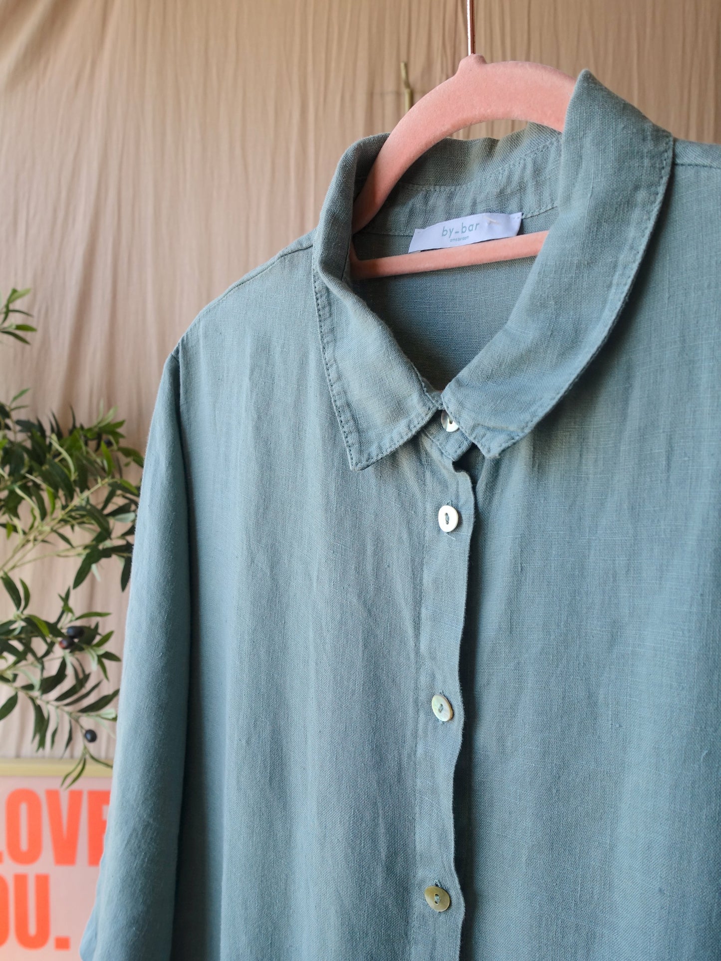 By-Bar 100% Linnen shirtdress dusty turquoise