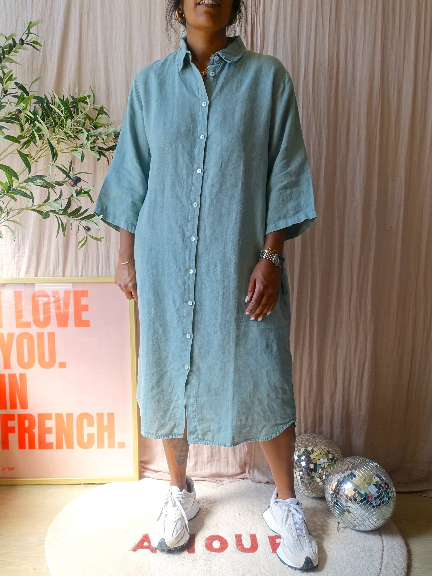 By-Bar 100% Linnen shirtdress dusty turquoise