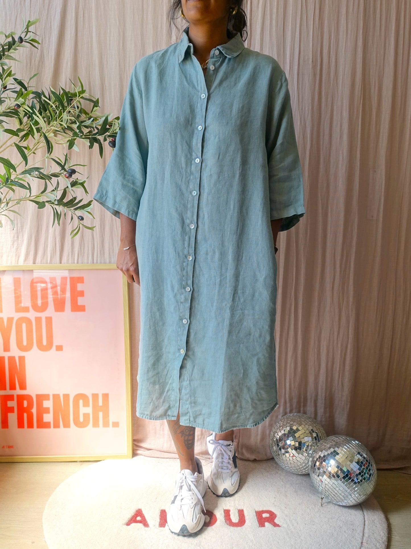 By-Bar 100% Linnen shirtdress dusty turquoise