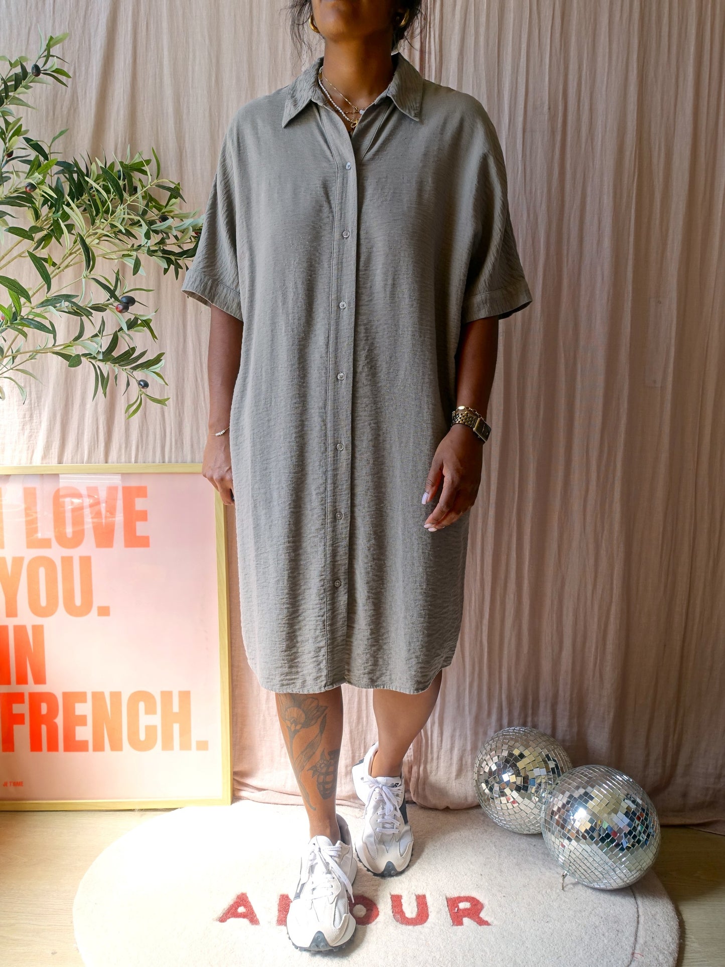 YAYA loose fit midi jurk taupe grey