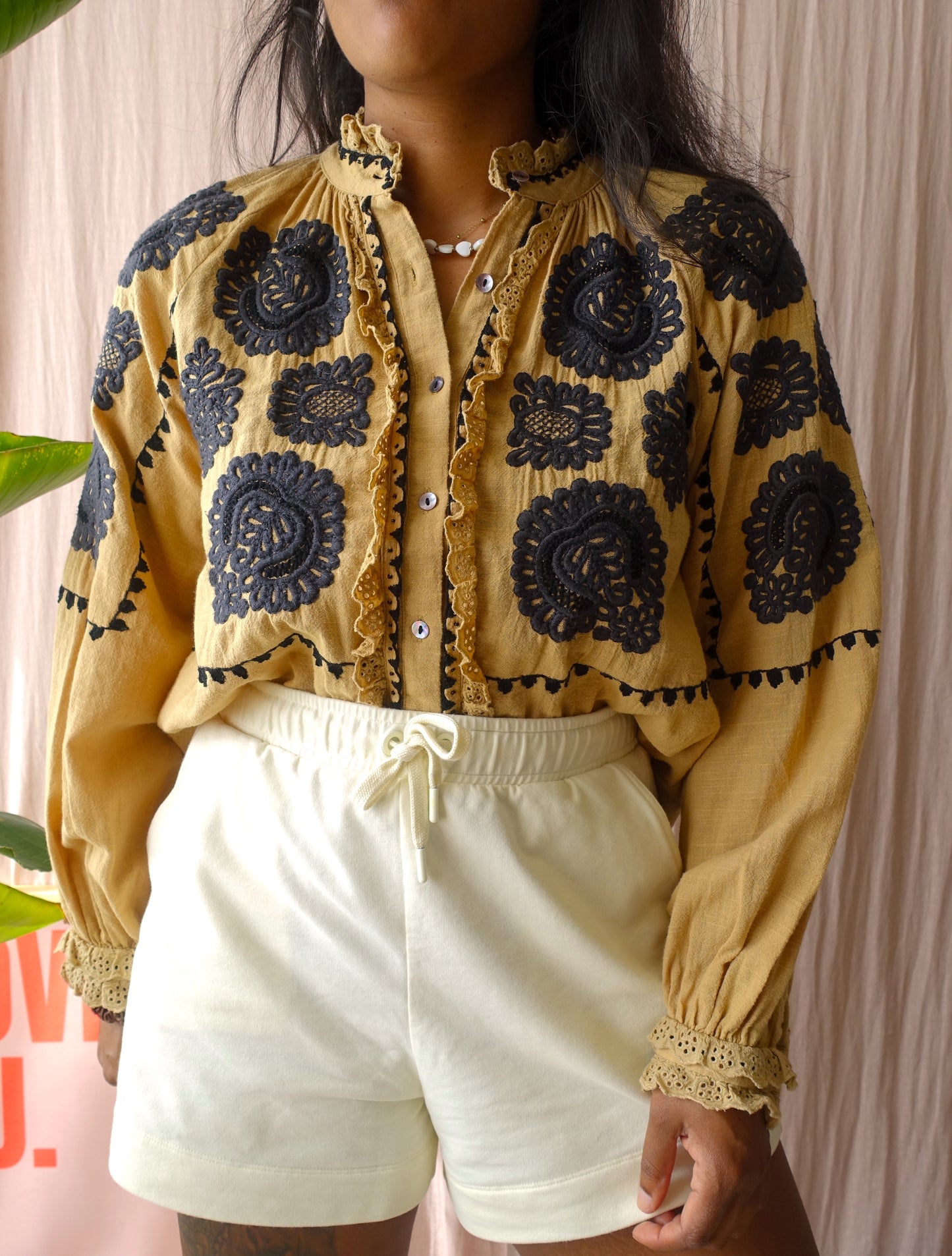 Antik Batik embroidered boho blouse tobby camel