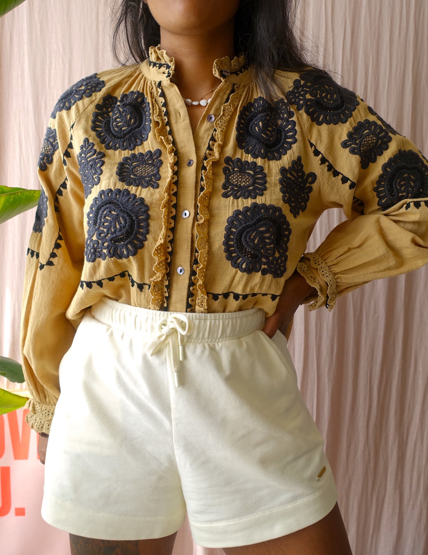 Antik Batik embroidered boho blouse tobby camel