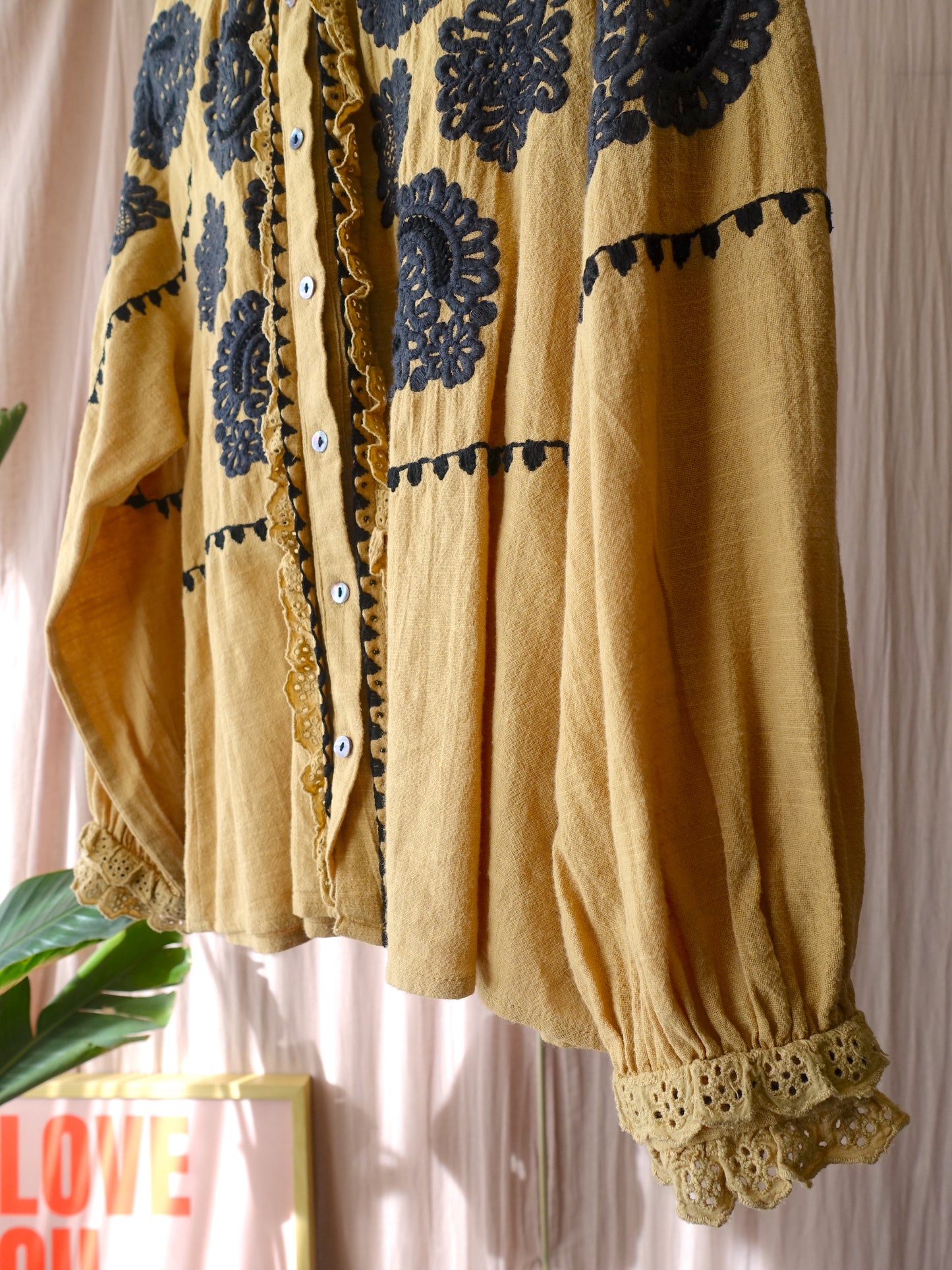 Antik Batik embroidered boho blouse tobby camel