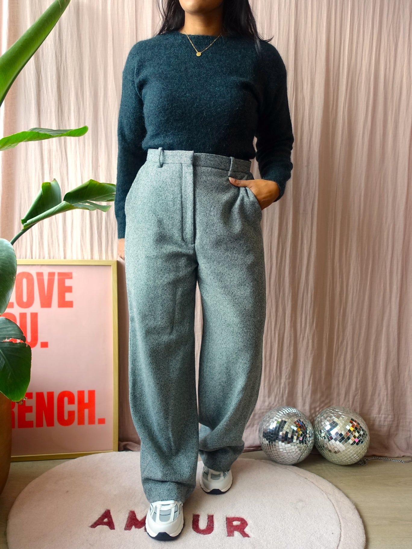 & Other Stories wide leg wool pants dark green
