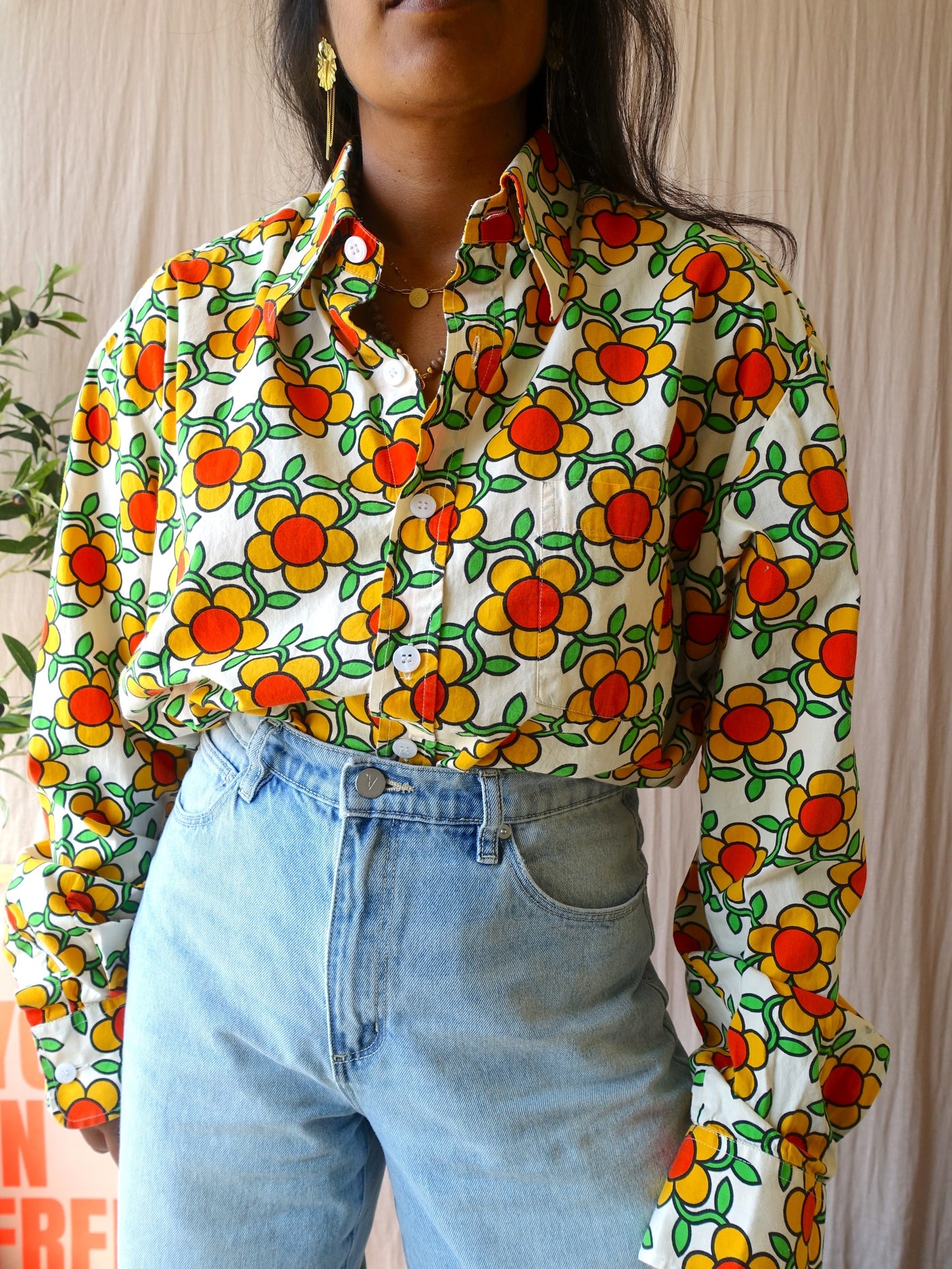 Chenaski retro flower poplin cotton shirt