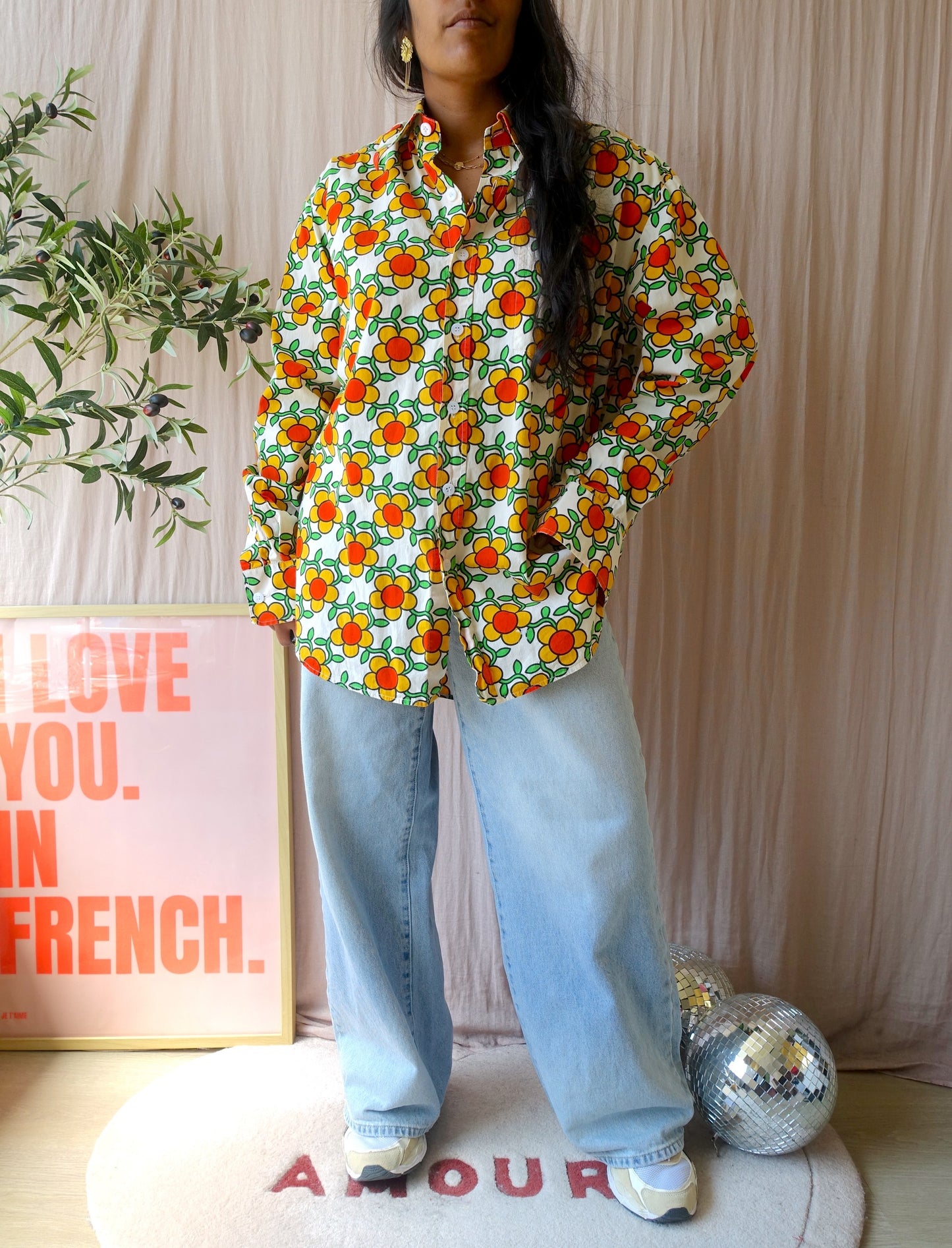 Chenaski retro flower poplin cotton shirt