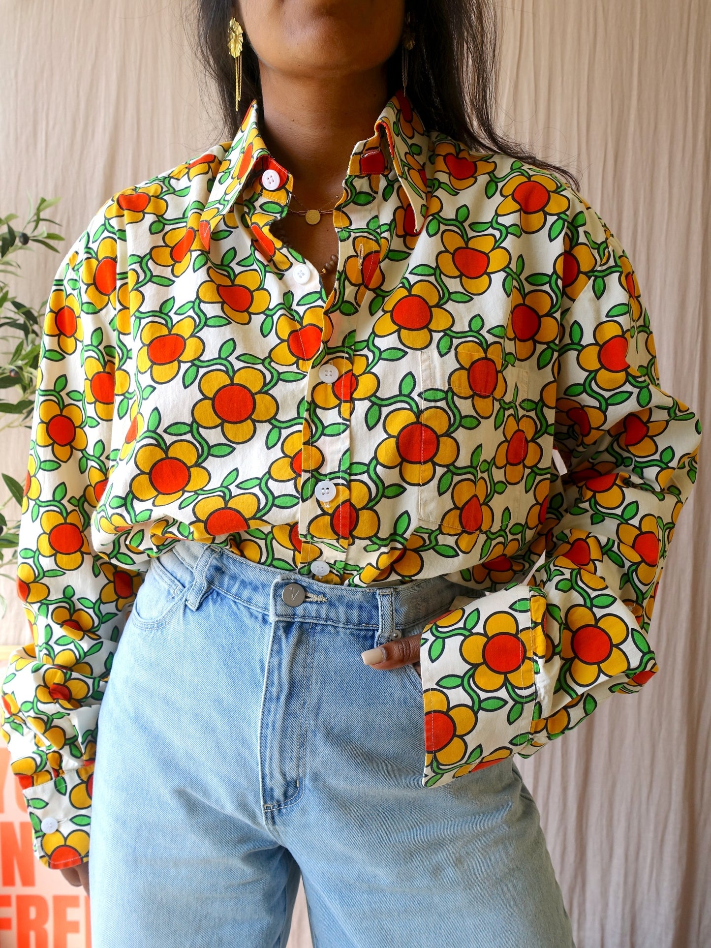 Chenaski retro flower poplin cotton shirt