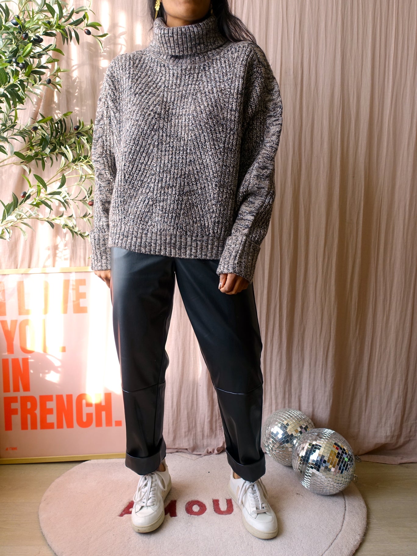 Co'couture row boxy fit col knit greige