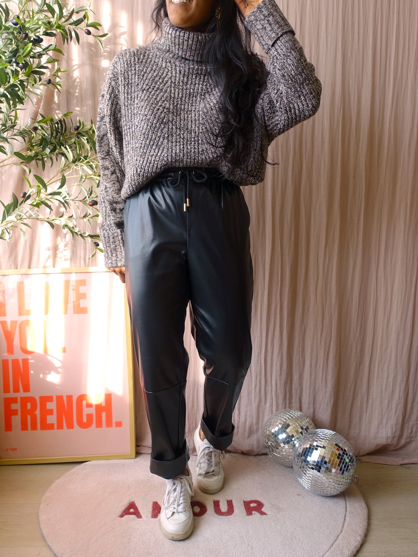 Co'couture row boxy fit col knit greige