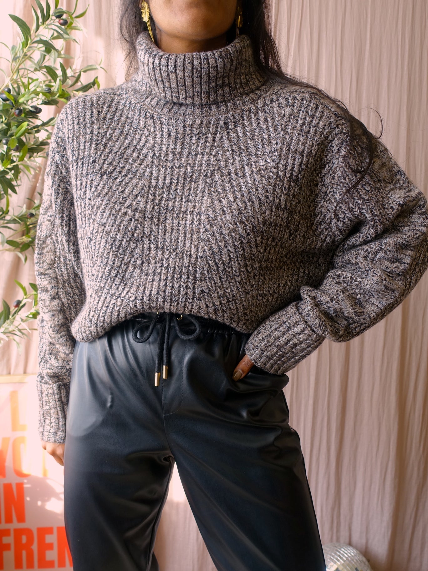 Co'couture row boxy fit col knit greige