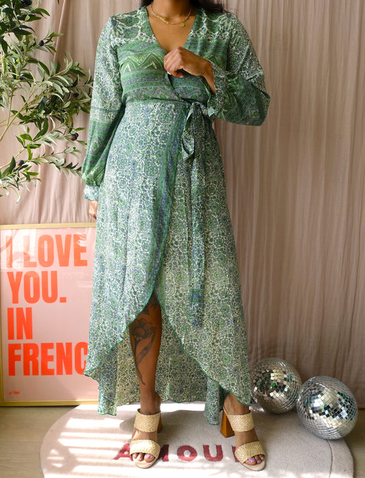 Silkblend Indian bohemian wrap over jurk groen