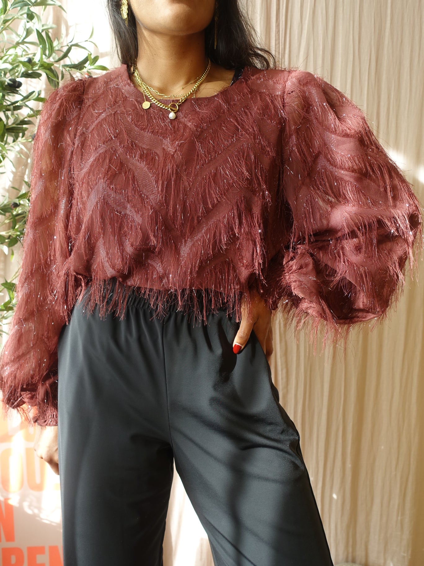 Summum Woman fringe lurex top burgundy wine