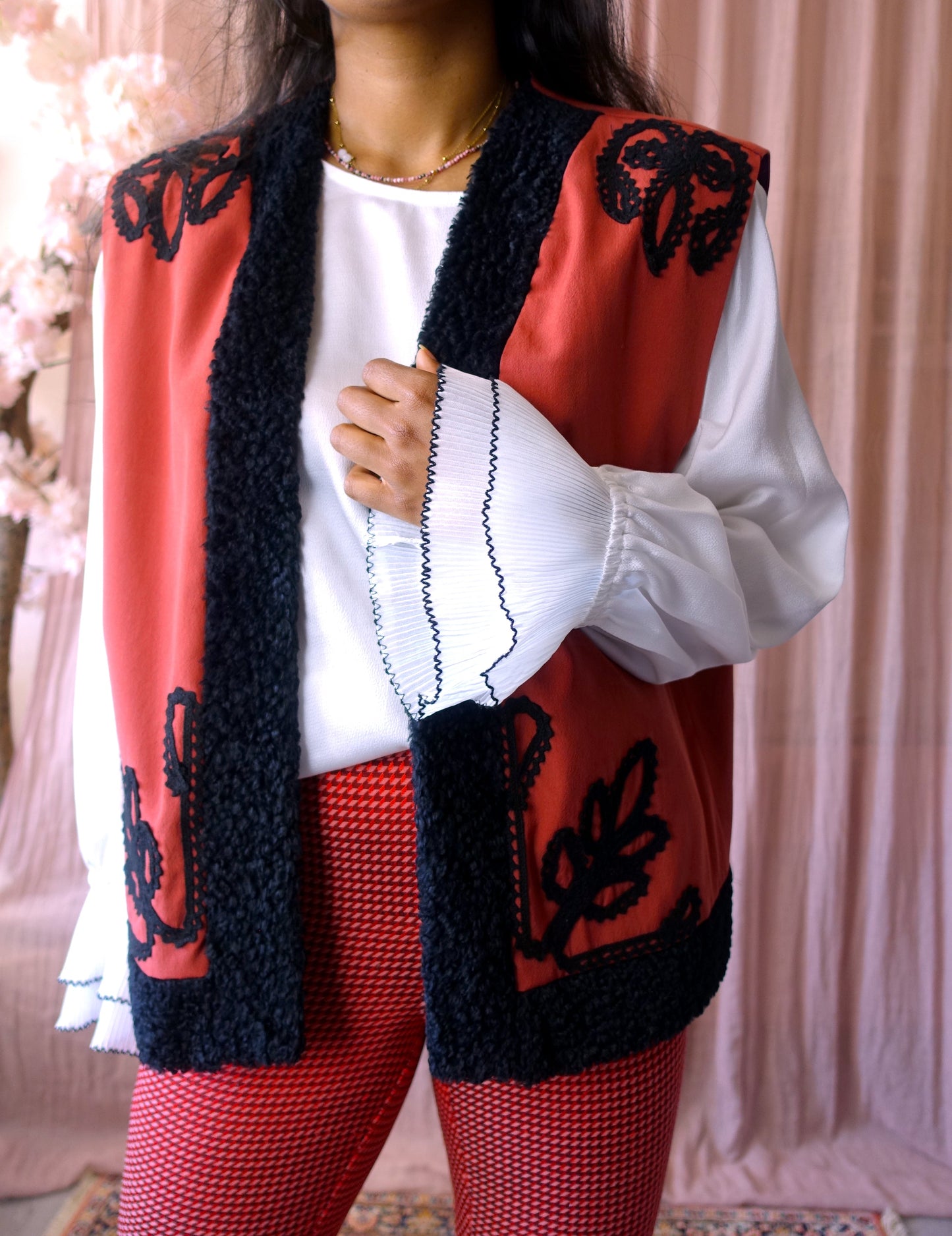 Vintage embroidery boho gilet oudroze