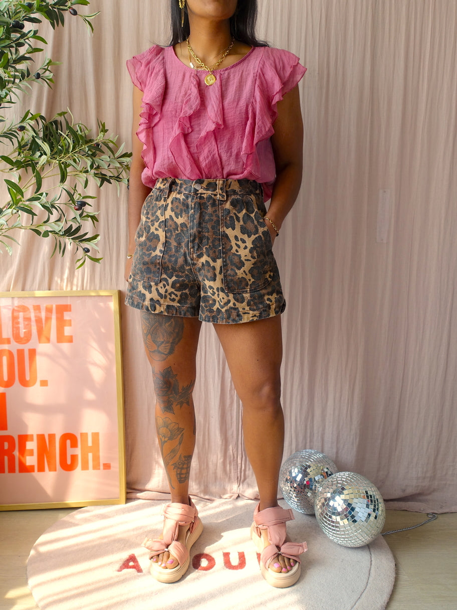 FRNCH high waist leopard denim shorts