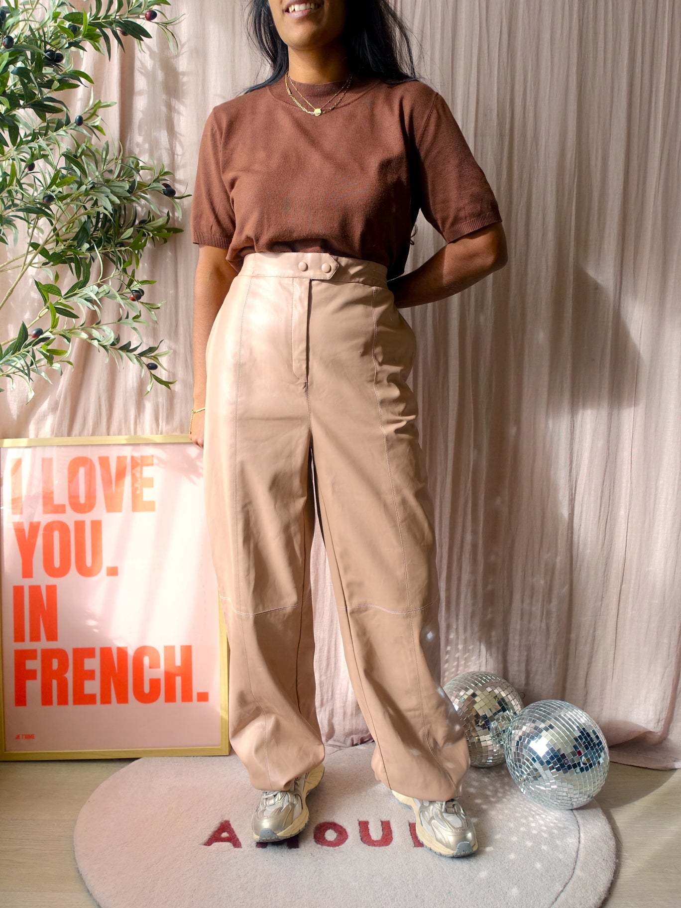 Fifth House wide leg vegan leather pants camel latte