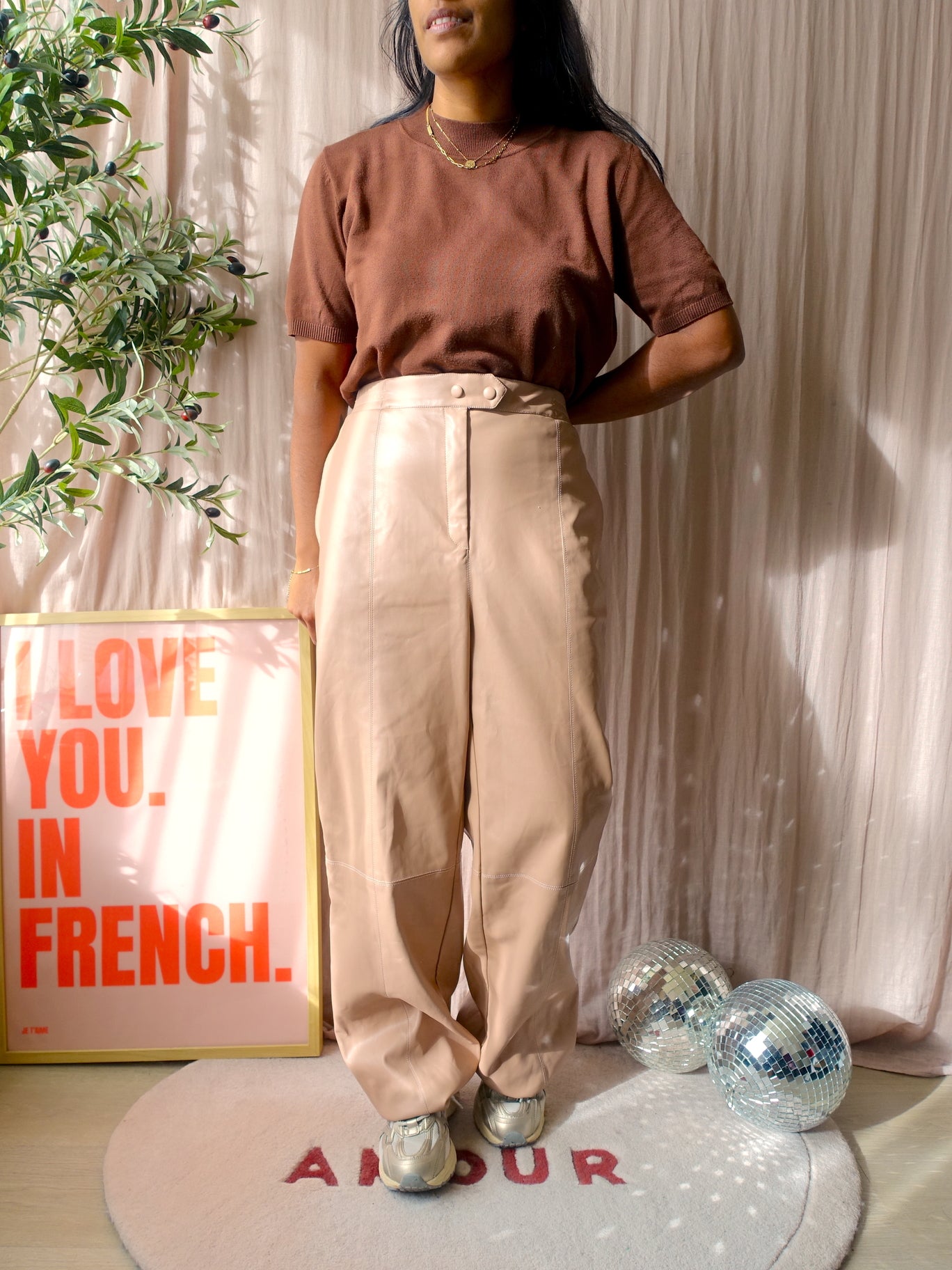 Fifth House wide leg vegan leather pants camel latte