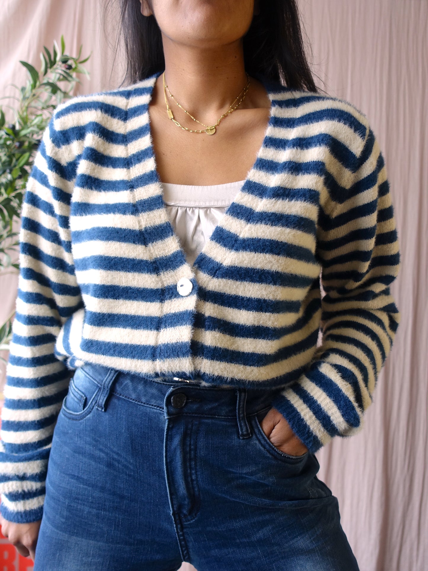 Andco Woman badu cardigan ecru / indigo blue
