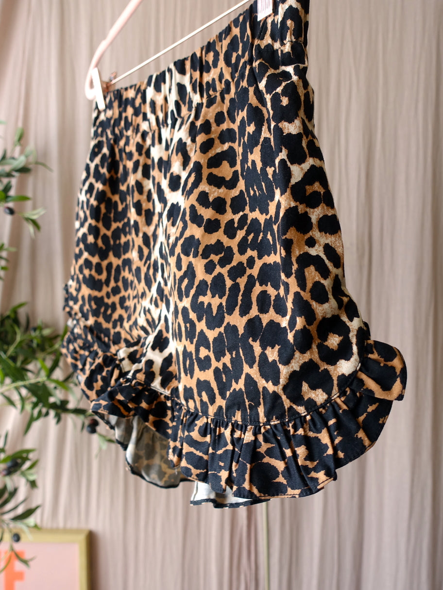 Ganni leopard poplin cotton ruffle shorts