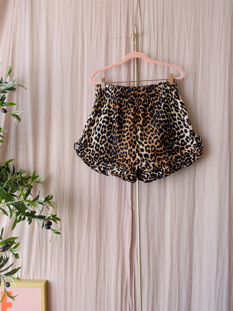 Ganni leopard poplin cotton ruffle shorts