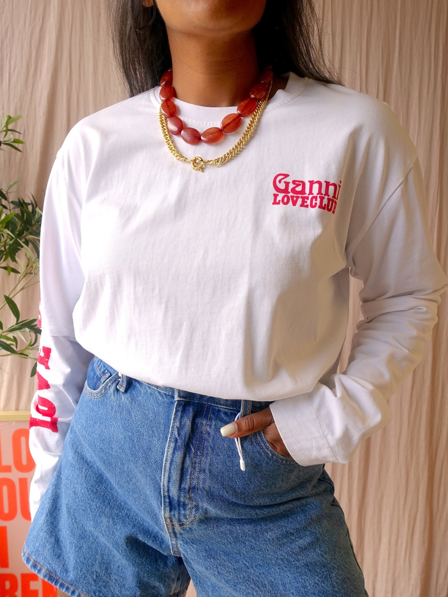 GANNI loveclub layered longsleeve wit / scarlet rood