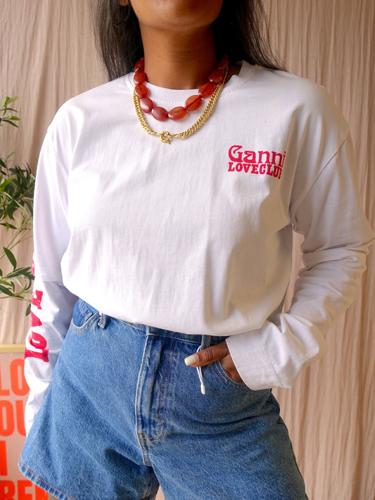 GANNI loveclub layered longsleeve wit / scarlet rood
