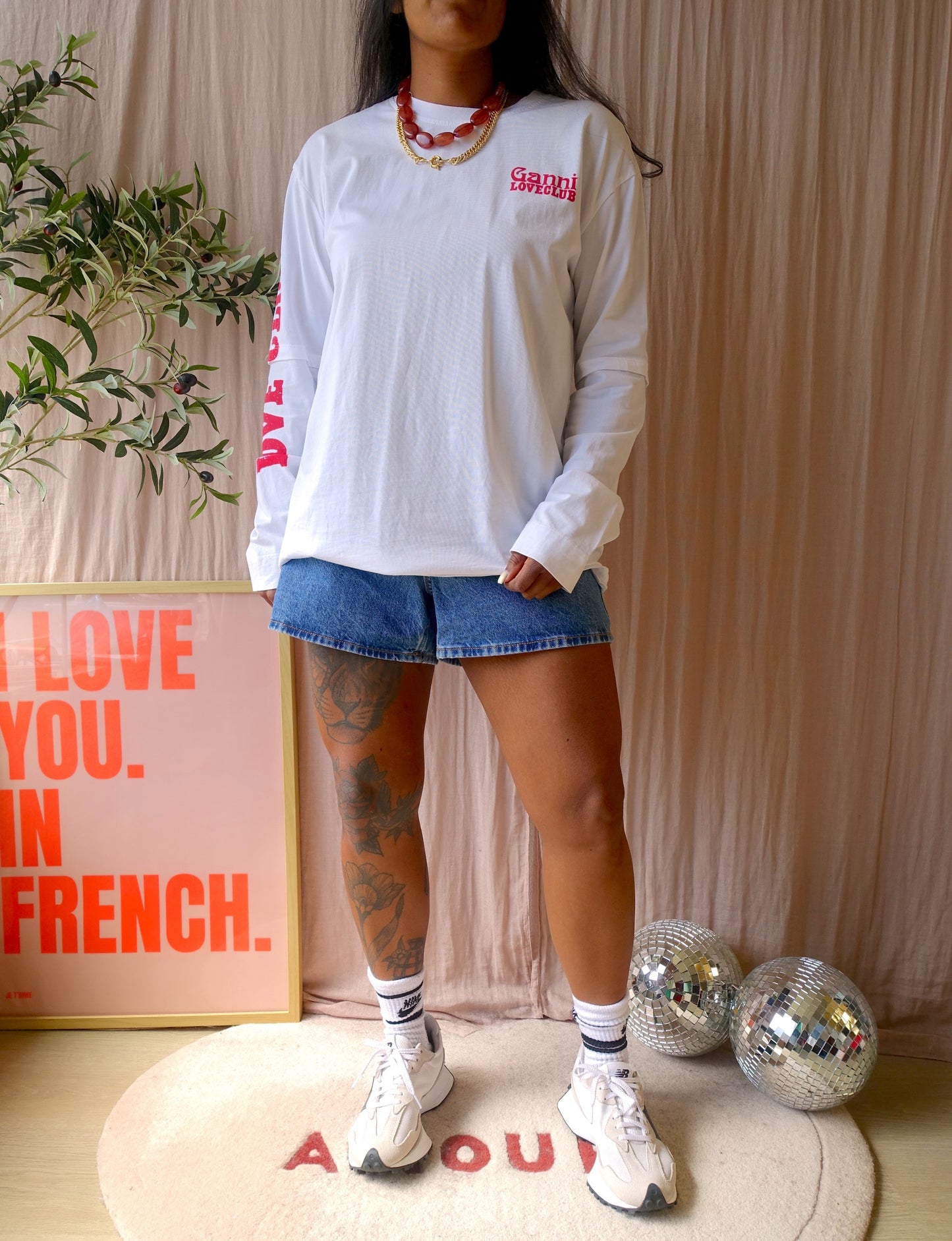 GANNI loveclub layered longsleeve wit / scarlet rood
