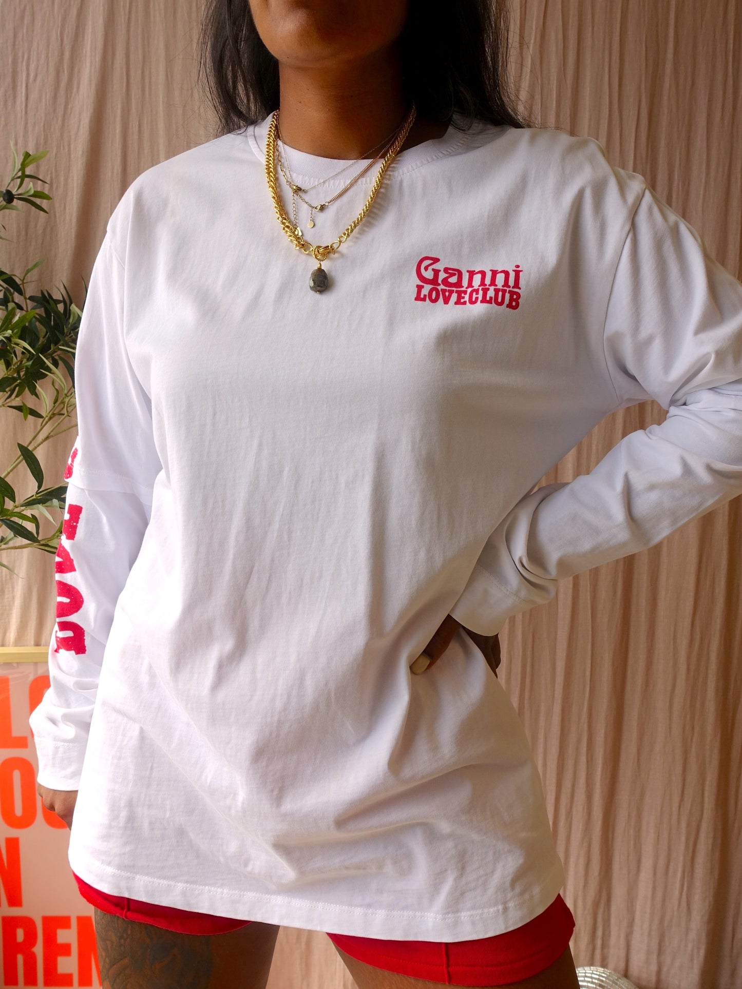 GANNI loveclub layered longsleeve wit / scarlet rood