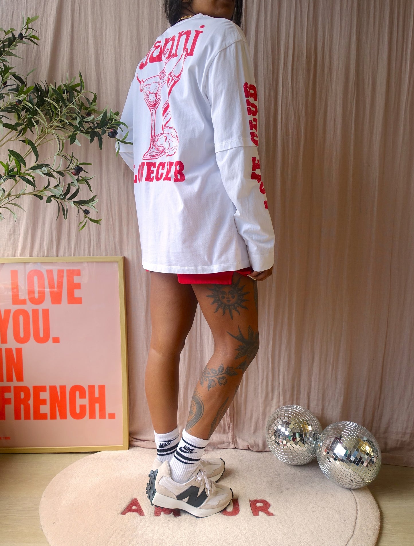 GANNI loveclub layered longsleeve wit / scarlet rood