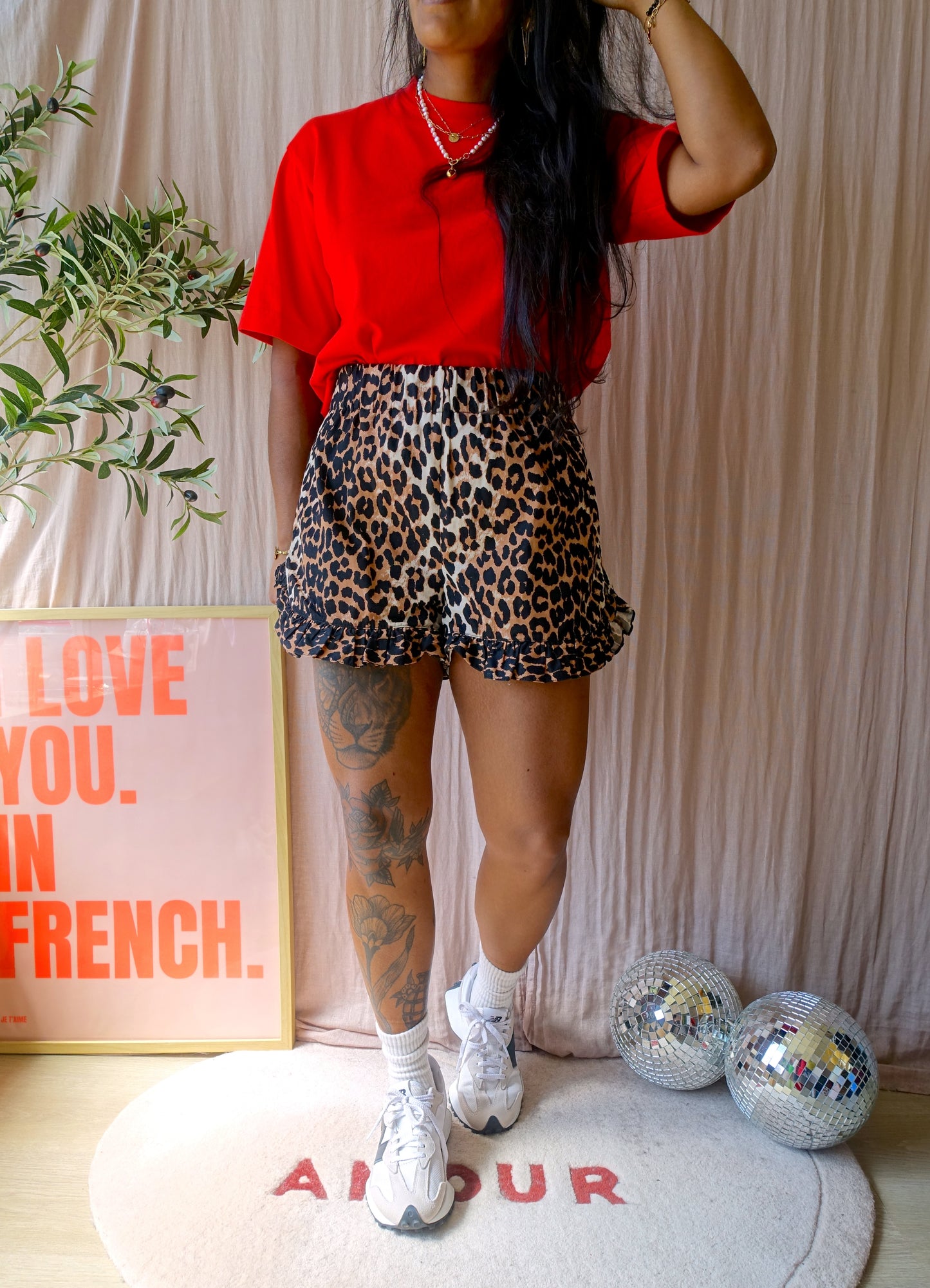 Ganni leopard poplin cotton ruffle shorts