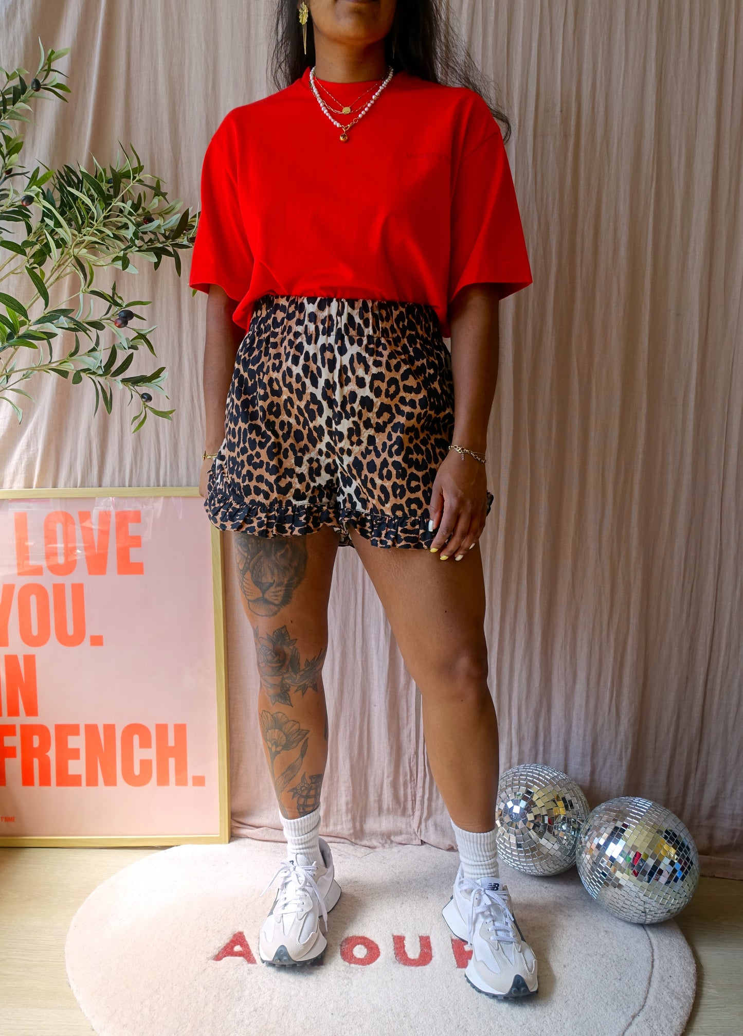 Ganni leopard poplin cotton ruffle shorts