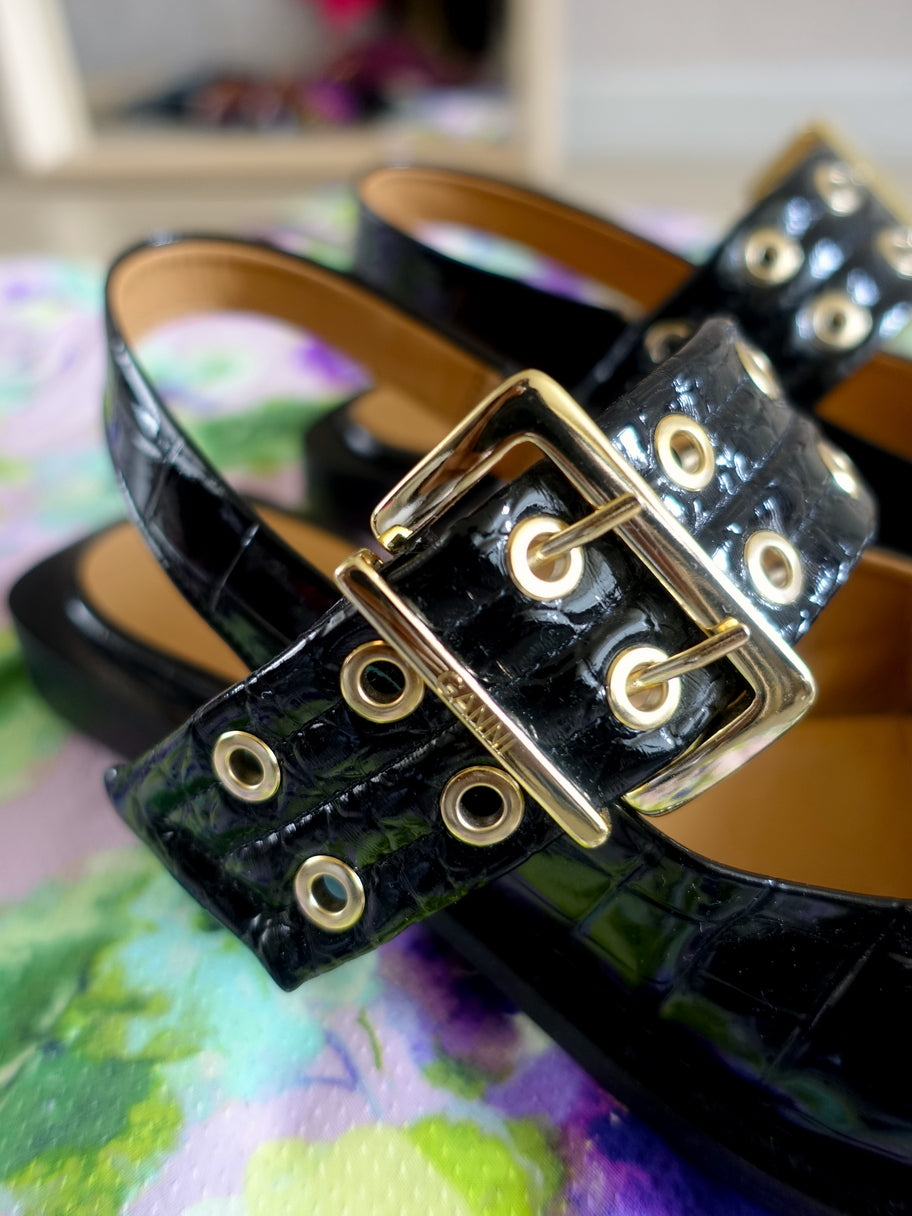 GANNI feminine buckle ballerinas in Black Croco Patent